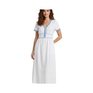 J.Crew 100%  Linen White Midi Dress Blue Embroidery Button Front Size 8
